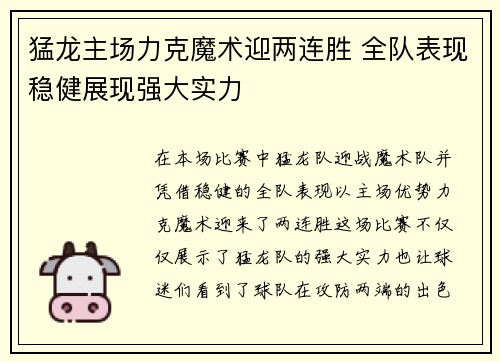 猛龙主场力克魔术迎两连胜 全队表现稳健展现强大实力