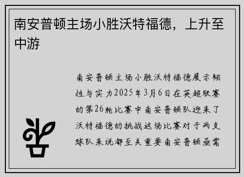 南安普顿主场小胜沃特福德，上升至中游