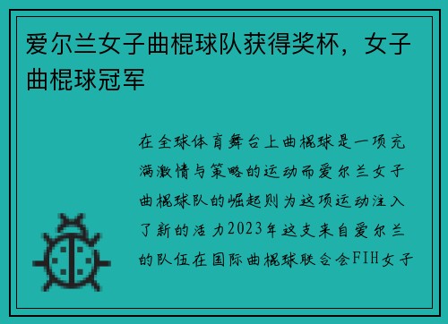 爱尔兰女子曲棍球队获得奖杯，女子曲棍球冠军
