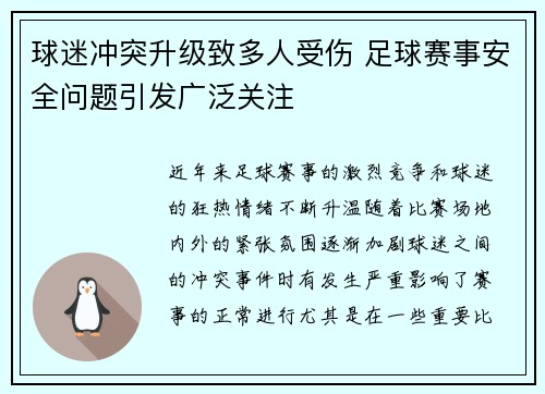 球迷冲突升级致多人受伤 足球赛事安全问题引发广泛关注