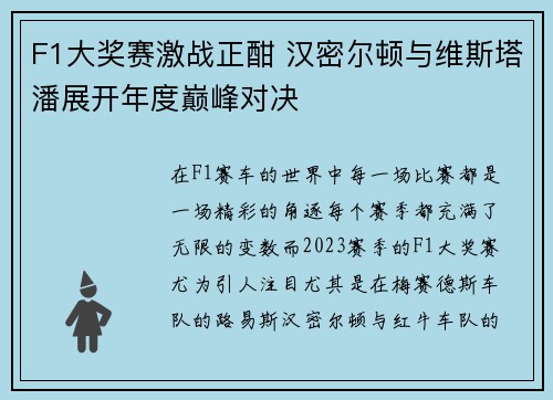 F1大奖赛激战正酣 汉密尔顿与维斯塔潘展开年度巅峰对决